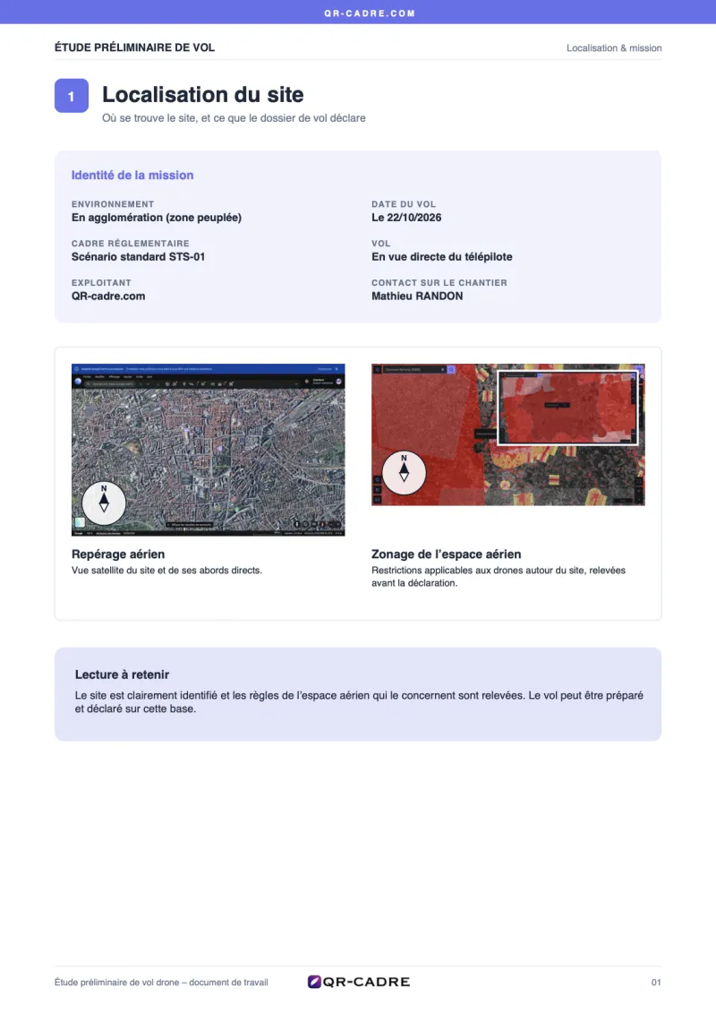 First page of a preliminary flight study: mission summary and site location