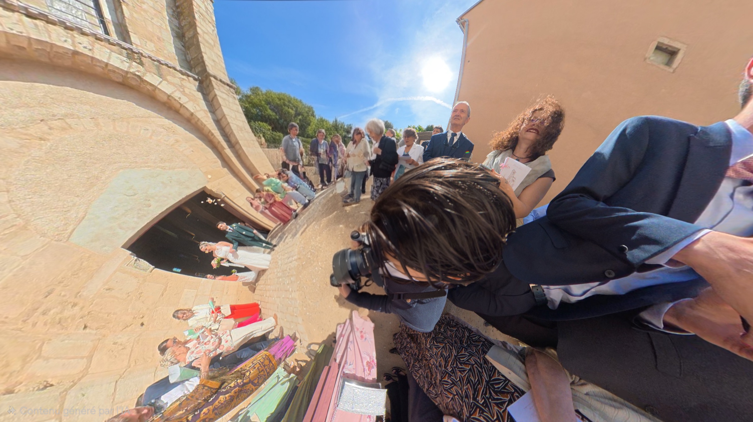 Vidéaste QR-cadre filmant discrètement la sortie des mariés devant l'église