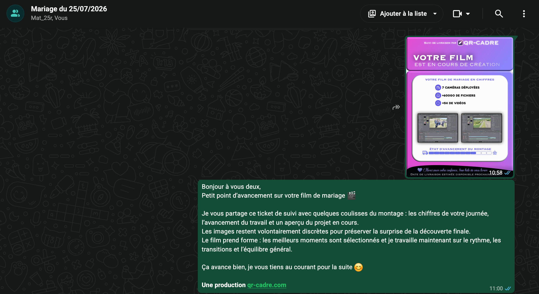 Message WhatsApp de suivi du montage d'un film de mariage QR-cadre