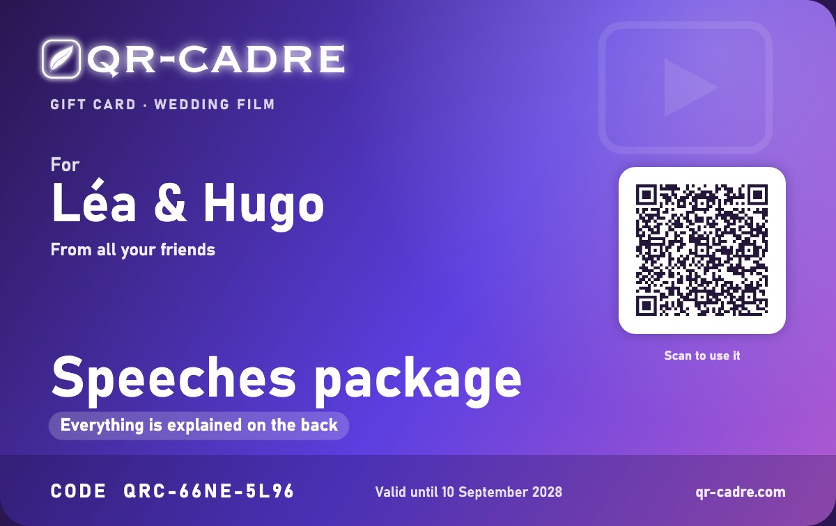 Front of the QR-cadre gift card: Speeches package for Léa and Hugo, amount hidden