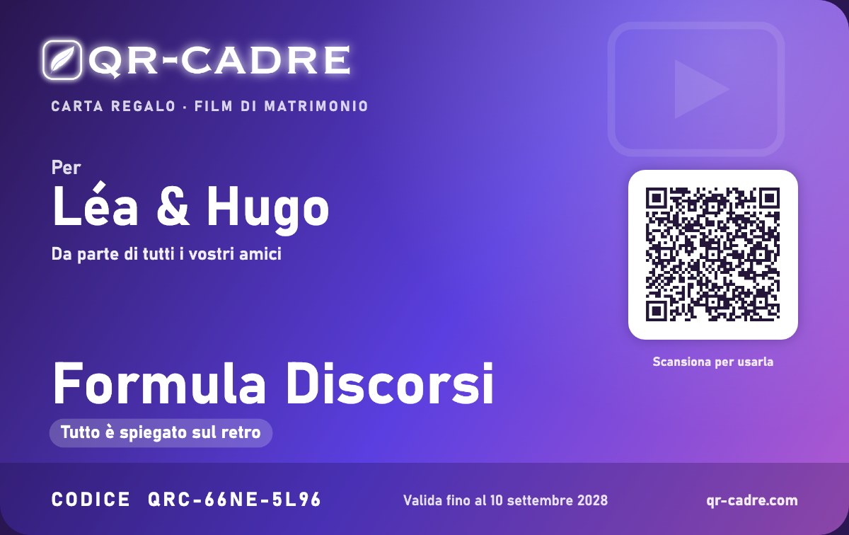 Fronte della carta regalo QR-cadre: formula Discorsi per Léa e Hugo, importo nascosto