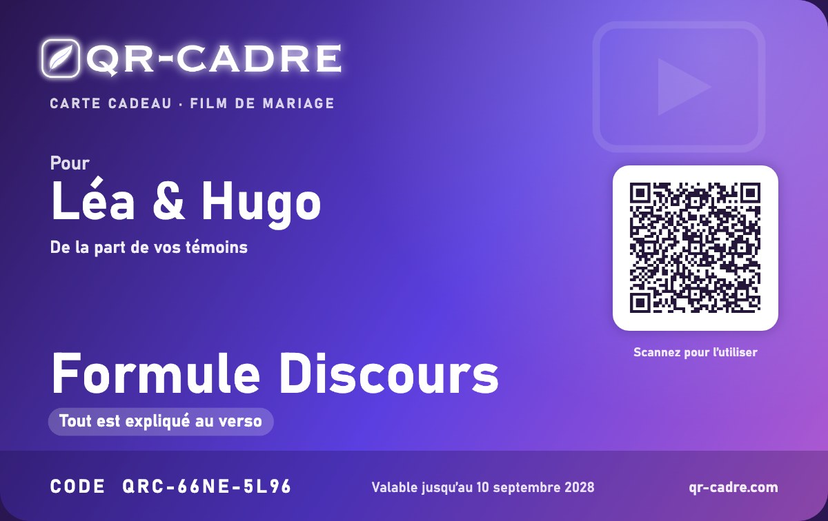 Recto de la carte cadeau QR-cadre : formule Discours pour Léa et Hugo, montant caché