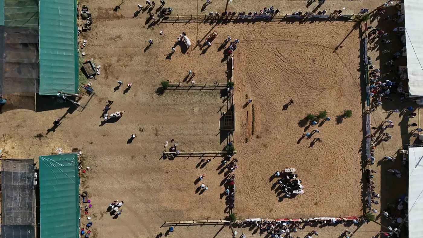 Vue aérienne du ring principal pendant le concours départemental de vaches laitières