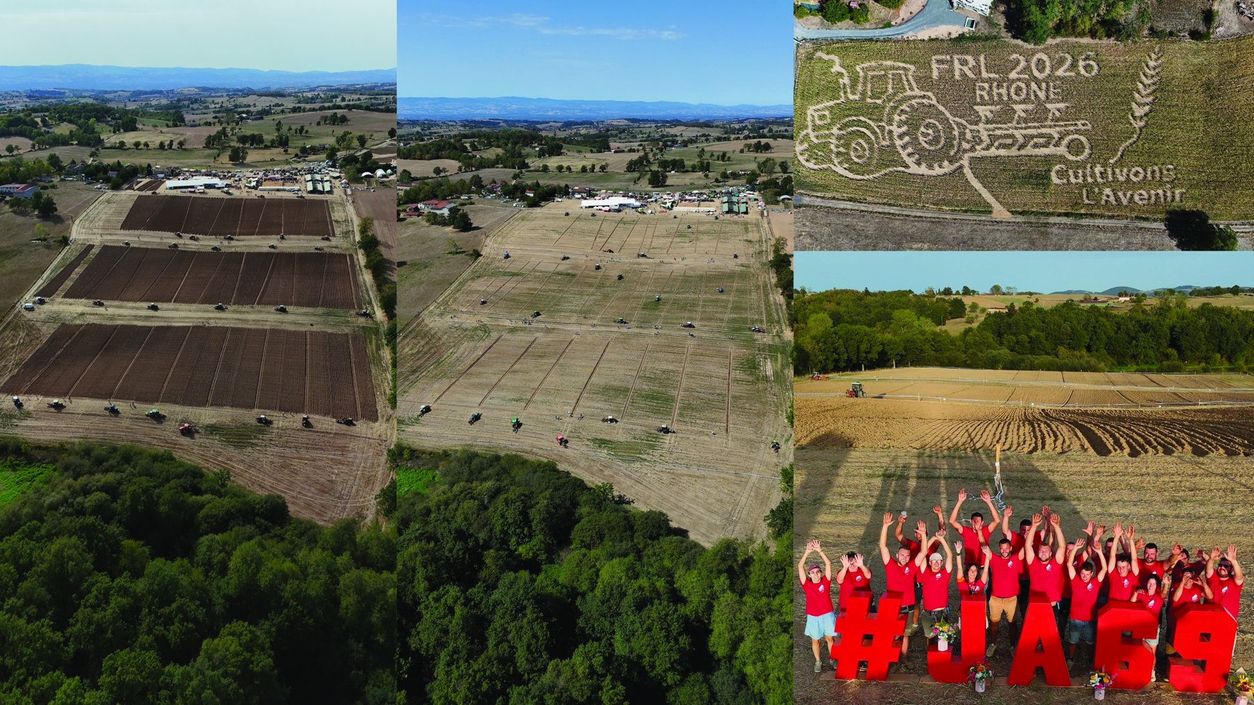 Aerial views of ploughing, installations and the JA69 team in Saint-Clément-les-Places